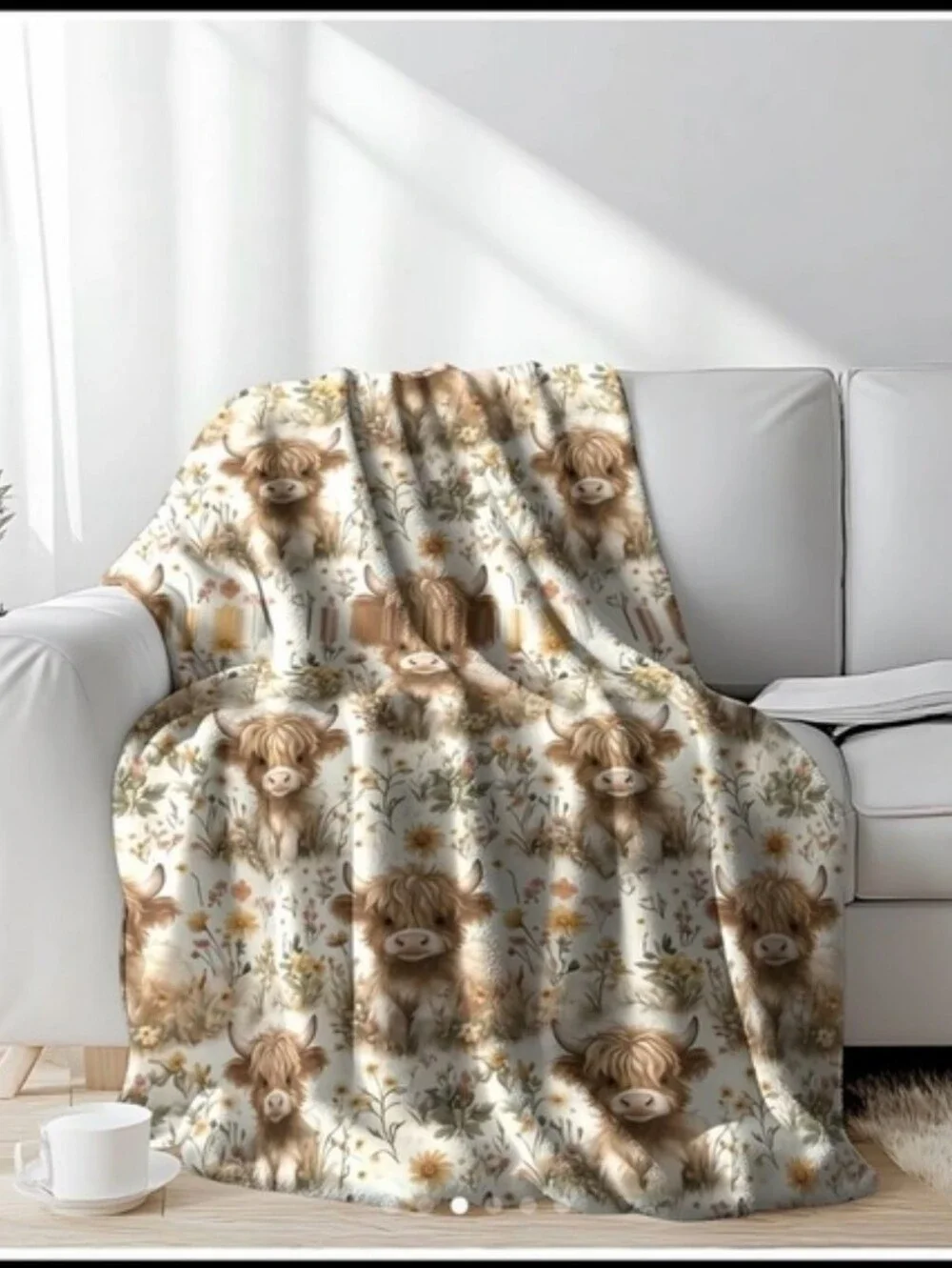 Source Unknown Cream Highland Cow Floral Throw Blanket